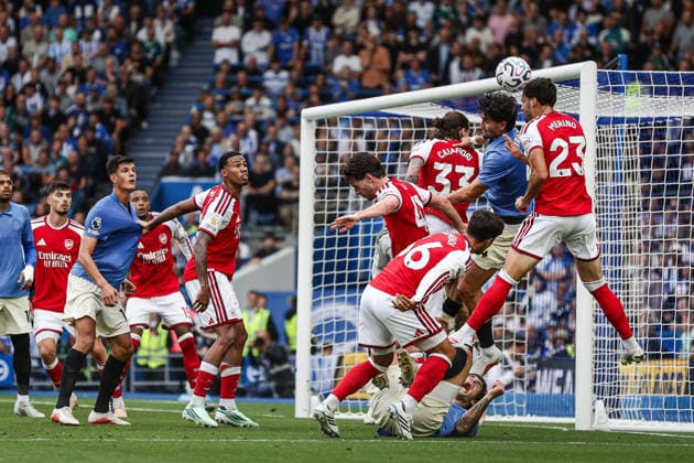 19th September 2026; American Express Stadium, Brighton, England; Premier League Football, Brighton and Hove Albion versus Arsenal; Mikel Merino of Arsenal heads clear from a corner AndyxSkinner