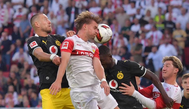 19.09.2026, xblx, Fussball 1.Bundesliga, VfB Stuttgart - Borussia Dortmund v.l. Yan Couto (Borussia Dortmund), Maximilian Mittelstaedt Mittelstädt (VfB Stuttgart), Serhou Guirassy (Borussia Dortmund), Angelo Stiller (VfB Stuttgart) (DFL DFB REGULATIONS PROHIBIT ANY USE OF PHOTOGRAPHS as IMAGE SEQUENCES and or QUASI-VIDEO) Stuttgart
