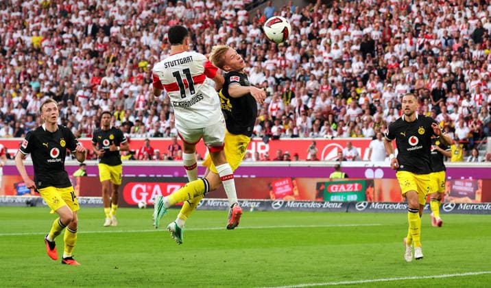 19.09.2026, Deutschland, Stuttgart, Fußball Bundesliga, VfB Stuttgart vs. Borussia Dortmund, v.l. Maximilian Baier (BVB), Bilal El Khannouss (VfB), Daniel Svensson (BVB), Waldemar Anton (BVB)