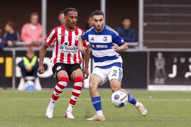 SPAKENBURG , 19-09-2026 , Sportpark De Westmaat , season 2026 2027 , Dutch Tweede Divisie football . match between Spakenburg and Jong Sparta, Final result 1-1, Picture shows Jong Sparta player Justice Esser Spakenburg player Marouane Afaker Marouane Afaker Spakenburg - Jong Sparta  x207270678x Copyright: