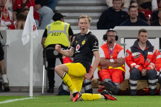 19.09.2026, GER, Fussball, Herren, 1. Bundesliga, Saison 2026 2027, 4. Spieltag, VfB Stuttgart vs. Borussia Dortmund Tor zum 0:1 durch Maximilian Beier ( Borussia Dortmund, 14 ), Jubel, Torjubel, bejubelt sein Tor. DFB DFL regulations prohibit any use of photographs as image sequences and or quasi-video. Stuttgart MHP Arena Baden-Württemberg Deutschland Copyright: xNordphoto WolfgangxFrankx