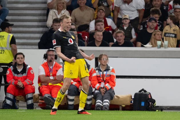 19.09.2026, GER, Fussball, Herren, 1. Bundesliga, Saison 2026 2027, 4. Spieltag, VfB Stuttgart vs. Borussia Dortmund Tor zum 0:1 durch Maximilian Beier ( Borussia Dortmund, 14 ), Jubel, Torjubel, bejubelt sein Tor. DFB DFL regulations prohibit any use of photographs as image sequences and or quasi-video. Stuttgart MHP Arena Baden-Württemberg Deutschland Copyright: xNordphoto WolfgangxFrankx