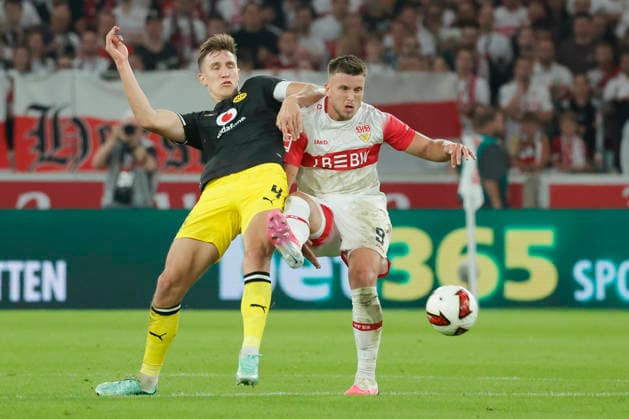 Im Bild: v.li. Nico Schlotterbeck (Borussia Dortmund, 4) gegen Ermedin Demirovic (VfB Stuttgart, 9) 19.09.2026, VfB Stuttgart - Borussia Dortmund, 1. Bundesliga, 4. Spieltag, Deutschland, Stuttgart, MHP Arena, DFL REGULATIONS PROHIBIT ANY USE OF PHOTOGRAPHS AS IMAGE SEQUENCES AND OR QUASI-VIDEO. Copyright: HMBxMedia xJulienxBecker