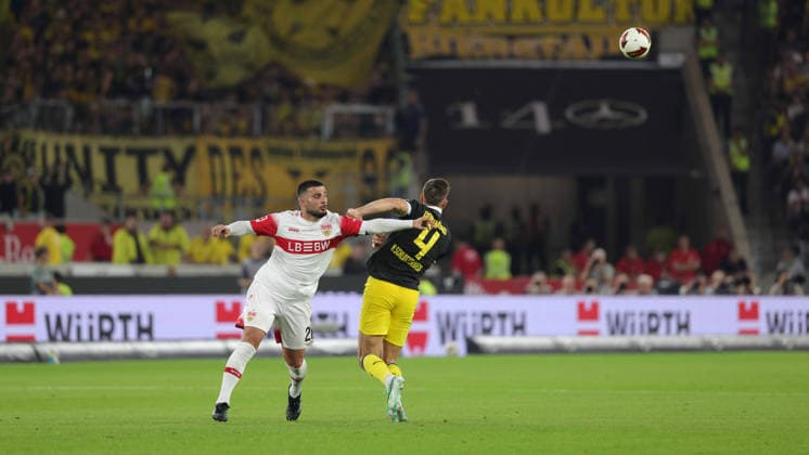 19.09.2026, Deutschland, Stuttgart, Fußball Bundesliga, VfB Stuttgart vs. Borussia Dortmund, Deniz Undav (VfB) Nico Schlotterbeck (Dortmund)
