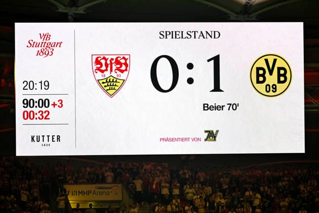 nach Spielende: Anzeigetafel Spielstand 0:1 VfB Stuttgart vs Borussia Dortmund BVB 19.09.2026 DFL REGULATIONS PROHIBIT ANY USE OF PHOTOGRAPHS AS IMAGE SEQUENCES AND OR QUASI-VIDEO VfB Stuttgart vs Borussia Dortmund BVB