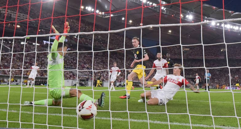 19.09.2026, xblx, Fussball 1.Bundesliga, VfB Stuttgart - Borussia Dortmund v.l. Maximilian Beier (Borussia Dortmund), Goal scored, Tor zum 0:1 (DFL DFB REGULATIONS PROHIBIT ANY USE OF PHOTOGRAPHS as IMAGE SEQUENCES and or QUASI-VIDEO) Stuttgart