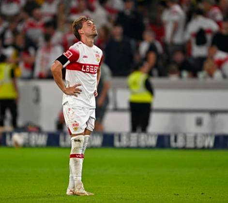 RECORD DATE NOT STATED 19.09.2026, Fussball 1. Bundesliga 2026 2027, 4.Spieltag, VfB Stuttgart - Borussia Dortmund, in der MHP-Arena Stuttgart, Finn Jeltsch (Stuttgart) ist nach dem Spiel enttäuscht.