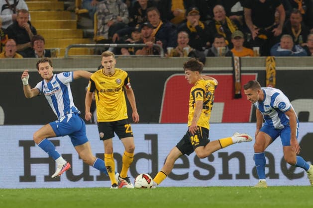 19.09.2026, xtgx, Fussball 2. Bundesliga, SG Dynamo Dresden - Hertha BSC Berlin, v.l. Patrice Covic (Dresden, 24) schiesst Tor, schießt, Torschuetze, erzielt Tor, Treffer, scores the goal 1:0 (DFL DFB REGULATIONS PROHIBIT ANY USE OF PHOTOGRAPHS as IMAGE SEQUENCES and or QUASI-VIDEO) Dresden
