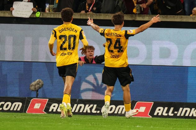 Deutschland: 2. Bundesliga 2026 2027, 7. Spieltag, Dynamo Dresden - Hertha BSC, Rudolf-Harbig-Stadion (Dresden): 1:0 durch Patrice ÄaoviÄ‡ Covic (Dynamo Dresden, 24) Copyright: xLucasxWalterx