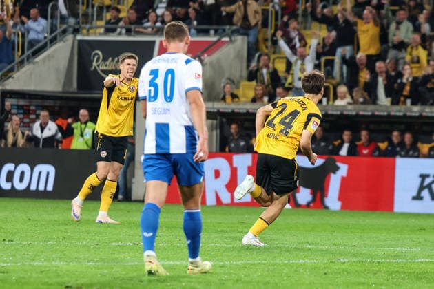 Deutschland: 2. Bundesliga 2026 2027, 7. Spieltag, Dynamo Dresden - Hertha BSC, Rudolf-Harbig-Stadion (Dresden): 1:0 durch Patrice ÄaoviÄ‡ Covic (Dynamo Dresden, 24) Copyright: xLucasxWalterx
