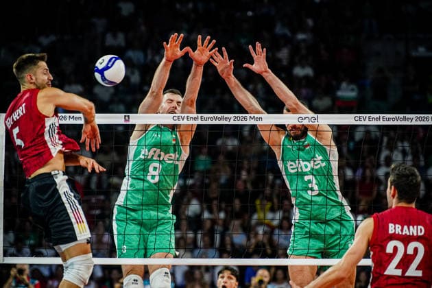 Volleyball - CEV EuroVolley 2026, Play Offs - 1 8-finals - Germany vs Bulgaria - 09.19.2026 SOFIA, BULGARIA - September 19th: Asparuh Asparuhov, 8 of Bulgaria and Iliya Petkov, 3 of Bulgaria during CEV EuroVolley 2026, Play Offs - 1 8-finals match between Germany vs Bulgaria at Arena 8888 in Sofia, Bulgaria, on September 19th, 2026 in Sofia, Bulgaria. Copyright: xYulianxTodorovx