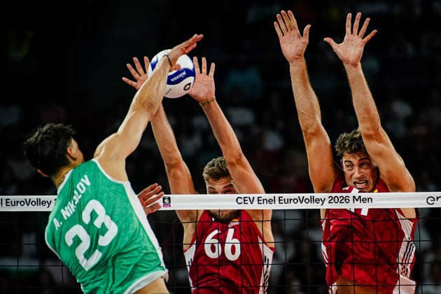 Volleyball - CEV EuroVolley 2026, Play Offs - 1 8-finals - Germany vs Bulgaria - 09.19.2026 SOFIA, BULGARIA - September 19th: Erik Rohrs, 66 of Germany and Tobias Krick, 21 of Germany during CEV EuroVolley 2026, Play Offs - 1 8-finals match between Germany vs Bulgaria at Arena 8888 in Sofia, Bulgaria, on September 19th, 2026 in Sofia, Bulgaria. Copyright: xYulianxTodorovx