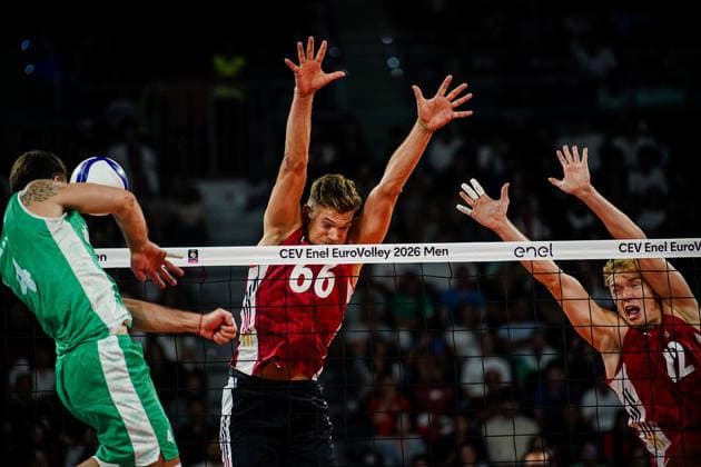 Volleyball - CEV EuroVolley 2026, Play Offs - 1 8-finals - Germany vs Bulgaria - 09.19.2026 SOFIA, BULGARIA - September 19th: Erik Rohrs, 66 of Germany and Anton Brehme, 12 of Germany during CEV EuroVolley 2026, Play Offs - 1 8-finals match between Germany vs Bulgaria at Arena 8888 in Sofia, Bulgaria, on September 19th, 2026 in Sofia, Bulgaria. Copyright: xYulianxTodorovx
