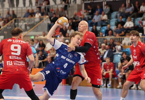GER HBL2 Saison 2026 2027 VfL Potsdam vs EULEN Ludwigshafen, 19.09.26, MBS Arena, Potsdam Marc-Robin EISEL (Eulen Ludwigshafen 9), William REICHARDT (1.VfL Potsdam 4), Lars RÖLLER (Eulen Ludwigshafen 23)