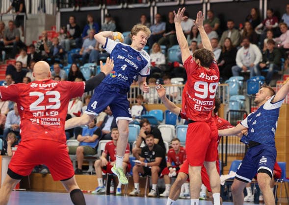 GER HBL2 Saison 2026 2027 VfL Potsdam vs EULEN Ludwigshafen, 19.09.26, MBS Arena, Potsdam Lars RÖLLER (Eulen Ludwigshafen 23), William REICHARDT (1.VfL Potsdam 4), Monty KLEINSTEUBER (Eulen Ludwigshafen 99), Tim Niclas SCHRÖDER (1.VfL Potsdam 33)