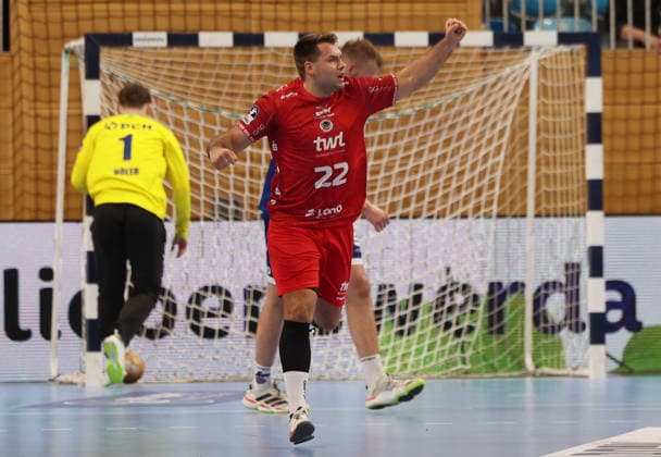 GER HBL2 Saison 2026 2027 VfL Potsdam vs EULEN Ludwigshafen, 19.09.26, MBS Arena, Potsdam Kian SCHWARZER (Eulen Ludwigshafen 22) jubelt nach Torerfolg, Faust, Emotion