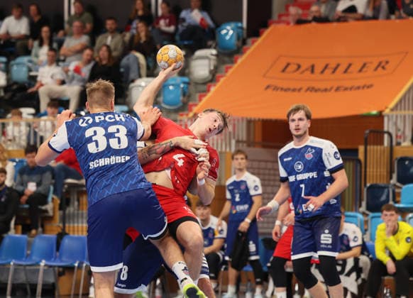 GER HBL2 Saison 2026 2027 VfL Potsdam vs EULEN Ludwigshafen, 19.09.26, MBS Arena, Potsdam Tim Niclas SCHRÖDER (1.VfL Potsdam 33), Nicolas WALDVOGEL (Eulen Ludwigshafen 4), Nicolas PAULNSTEINER (1.VfL Potsdam 7)