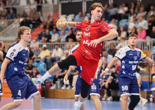 GER HBL2 Saison 2026 2027 VfL Potsdam vs EULEN Ludwigshafen, 19.09.26, MBS Arena, Potsdam William REICHARDT (1.VfL Potsdam 4), Phileas DANIEL (Eulen Ludwigshafen 14), Tomaso ROMEI (1.VfL Potsdam 30)