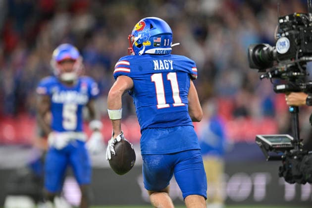 Tate Nagy for University of Kansas Jayhawks runs in a touchdown in the 4th quarter during the Union Jack Classic Big 12 Conference match between University of Kansas Jayhawks and Arizona State University Sun Devils at Wembley Stadium, London, England on 19 September 2026. Copyright: xPhilxHutchinsonx 45400030