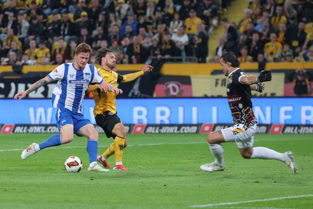 19.09.2026, xtgx, Fussball 2. Bundesliga, SG Dynamo Dresden - Hertha BSC Berlin, v.l. Sebastian Grönning (Hertha, 17), Simon Straudi (Dresden, 44), Tim Schreiber (Dresden, 1) schiesst den Ball aufs Tor, Torschuss, Schuss Parade, haelt den Ball, faengt den Ball, pariert (DFL DFB REGULATIONS PROHIBIT ANY USE OF PHOTOGRAPHS as IMAGE SEQUENCES and or QUASI-VIDEO) Dresden