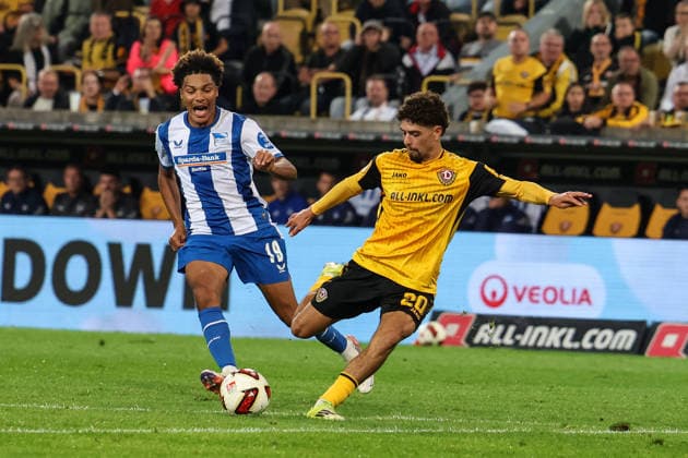 Deutschland: 2. Bundesliga 2026 2027, 7. Spieltag, Dynamo Dresden - Hertha BSC, Rudolf-Harbig-Stadion (Dresden): Abschluss von Ben Bobzien (Dynamo Dresden, 20) Copyright: xLucasxWalterx