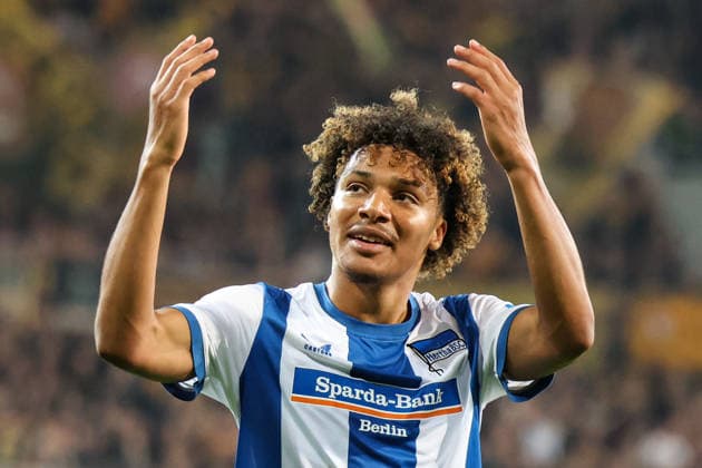 Deutschland: 2. Bundesliga 2026 2027, 7. Spieltag, Dynamo Dresden - Hertha BSC, Rudolf-Harbig-Stadion (Dresden): Tor und Jubel zum vermeintlichen 1:2 durch Oluwaseun Adewumi (Hertha BSC, 19) Copyright: xLucasxWalterx