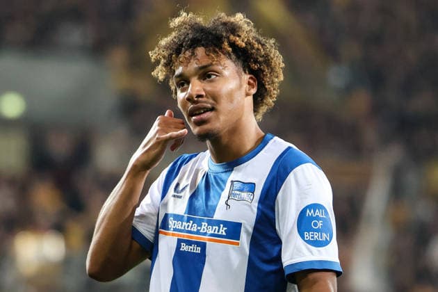 Deutschland: 2. Bundesliga 2026 2027, 7. Spieltag, Dynamo Dresden - Hertha BSC, Rudolf-Harbig-Stadion (Dresden): Tor und Jubel zum vermeintlichen 1:2 durch Oluwaseun Adewumi (Hertha BSC, 19) Copyright: xLucasxWalterx