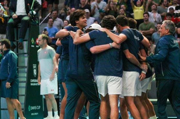 RECORD DATE NOT STATED Copa Davis - Orlando Luz and Rafael Matos (Brazil) vs. Jakub Paul and Dominic Stricker (Switzerland) Rio de Janeiro (RJ) 19 09 2026- Davis Cup Brazil Switzerland Tennis - Players and members of the Brazilian team celebrate the victory over Switzerland and qualification for the elite of the Davis Cup in 2027, this Saturday (19), at the Farmasi Arena, in Rio de Janeiro.(Foto: Lucas Simonin Gomes Thenews2 imago images) SPO  Copyright: xLucasxSimoninxGomesx
