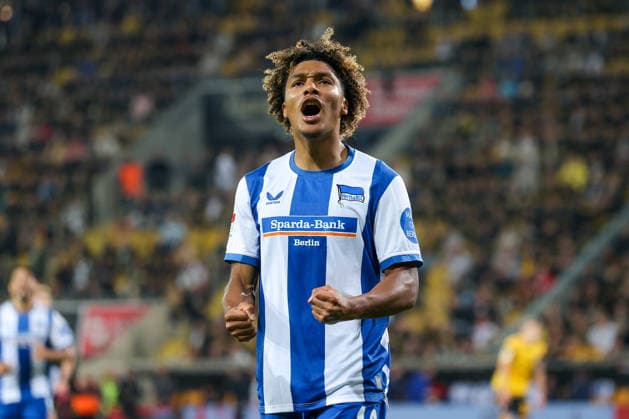 19.09.2026, xtgx, Fussball - 2.Bundesliga Dynamo Dresden - Hertha BSC Berlin v.l. Oluwaseun Adewumi (Hertha, 19) Jubel, Torjubel, jubelt ueber das Tor, celebrate the goal, celebration (DFL DFB REGULATIONS PROHIBIT ANY USE OF PHOTOGRAPHS as IMAGE SEQUENCES and or QUASI-VIDEO) Dresden