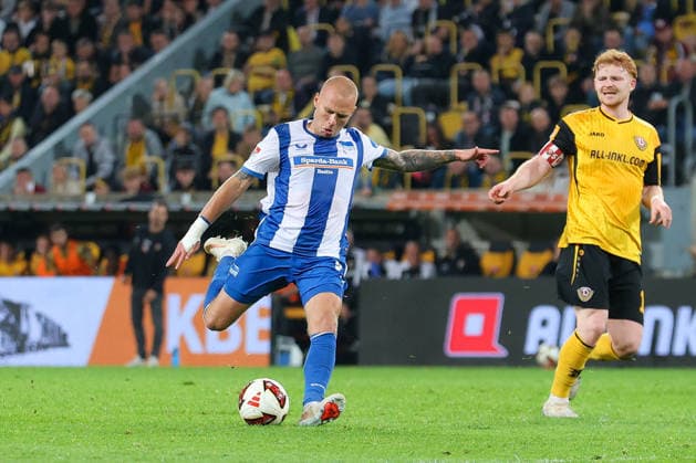 19.09.2026, xtgx, Fussball - 2.Bundesliga Dynamo Dresden - Hertha BSC Berlin v.l. Tor zum 1:2 durch Jon Dagur Thorsteinsson (Hertha, 23) (DFL DFB REGULATIONS PROHIBIT ANY USE OF PHOTOGRAPHS as IMAGE SEQUENCES and or QUASI-VIDEO) Dresden