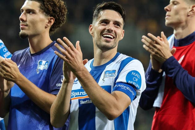 Deutschland: 2. Bundesliga 2026 2027, 7. Spieltag, Dynamo Dresden - Hertha BSC, Rudolf-Harbig-Stadion (Dresden): Jubel nach dem Sieg von Josip Brekalo (Hertha BSC, 7) Copyright: xLucasxWalterx