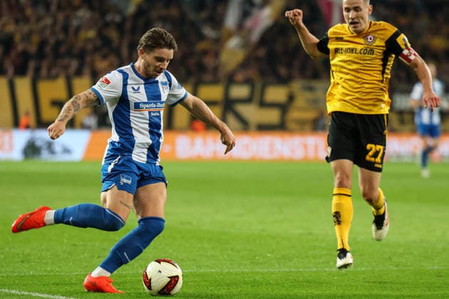 Deutschland: 2. Bundesliga 2026 2027, 7. Spieltag, Dynamo Dresden - Hertha BSC, Rudolf-Harbig-Stadion (Dresden): Jon Dagur Ãžorsteinsson (Hertha BSC, 23) mit der Flanke Copyright: xLucasxWalterx