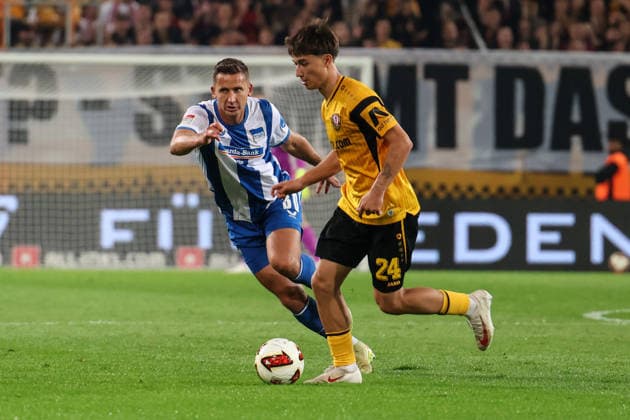 Deutschland: 2. Bundesliga 2026 2027, 7. Spieltag, Dynamo Dresden - Hertha BSC, Rudolf-Harbig-Stadion (Dresden): Patrice ÄaoviÄ‡ Covic (Dynamo Dresden, 24) am Ball Copyright: xLucasxWalterx