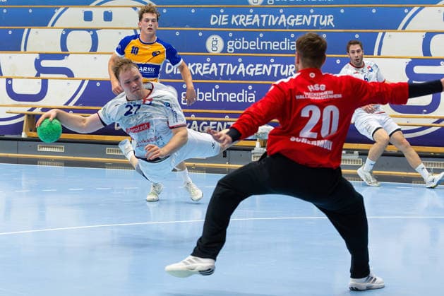 19.09.2026, xovx, Handball, Regionalliga Männer, TV Hüttenberg II - HSG Bretzenheim Wallau Massenheim v.l. Jorik Eichhorn (TV Hüttenberg II), Jannik Göttert (HSG Breckenheim Wallau Massenheim), Sebastian Schermuly (HSG Breckenheim Wallau Massenheim), Moritz Schäfer (TV Hüttenberg II) Hüttenberg Sportzentrum Hessen Deutschland (DE)