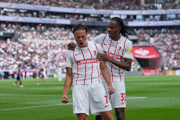 Derry Scherhant (SC Freiburg, 07), Jordy Makengo (SC Freiburg, 33) Torjubel, Emotionen, Torschuss, Abschluss, Torerfolg, Tor, Treffer , Deutschland, Fussball, 1. Bundesliga, 4.Spieltag, 2026 2027, Eintracht Frankfurt vs. SC Freiburg, 19.09.2026, Deutsche Bank Park, Frankfurt Frankfurt Deutsche Bank Park Hessen Deutschland Copyright: xArnexAmbergx