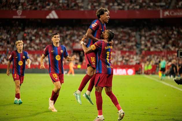 September 19, 2026, Seville, Spain: Lamine Yamal and Raphinha FC Barcelona, Barca seen in action celebrating after scoring goal during LaLiga EA SPORTS 2026 2027 game between teams of Sevilla FC and FC Barcelona..Final Score: Sevilla FC 1-3 FC Barcelona. Seville Spain - ZUMAs197 20260919_aaa_s197_319 Copyright: xMaciejxRogowskix