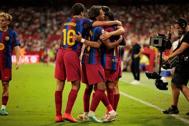 September 19, 2026, Seville, Spain: Rodri, Lamine Yamal and Raphinha FC Barcelona, Barca seen in action celebrating after scoring goal during LaLiga EA SPORTS 2026 2027 game between teams of Sevilla FC and FC Barcelona..Final Score: Sevilla FC 1-3 FC Barcelona. Seville Spain - ZUMAs197 20260919_aaa_s197_320 Copyright: xMaciejxRogowskix