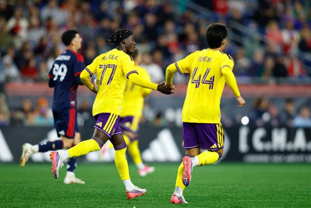 September 19, 2026; Foxborough, Massachusetts, USA; Orlando City SC Forward Ivan Angulo (77) celebrates a goal with Orlando City SC Defender Bernardo Rhein (44) in a Major League Soccer game against the New England Revolution at Gillette Stadium. (c) CSM - ZUMAc04_ 20260919_zma_c04_275 Copyright: xBurtxGranofskyx