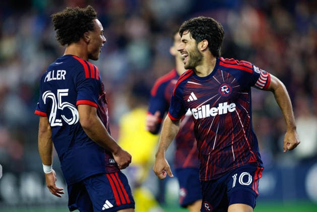 September 19, 2026; Foxborough, Massachusetts, USA; New England Revolution midfielder Carles Gil (10) celebrates a goal with New England Revolution defender Peyton Miller (25) in a Major League Soccer game against Orlando City SC at Gillette Stadium. (c) CSM - ZUMAc04_ 20260919_zma_c04_277 Copyright: xBurtxGranofskyx