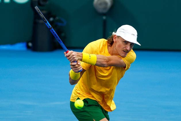 TENNIS DAVIS CUP AUSTRALIA POLAND, Max Purcell of Australia plays a backhand during a Doubles match against Jan Zielinski and Karol Drzewiecki of Poland during the Davis Cup match between Australia and Poland at Pat Rafter Arena in Brisbane, Sunday, September 20, 2026. ( NO ARCHIVING, EDITORIAL USE ONLY  Copyright: xRUSSELLxFREEMANx 20260920185292514077