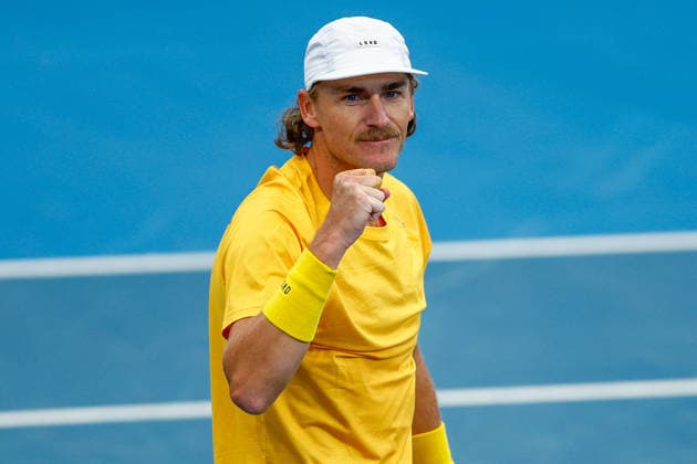 TENNIS DAVIS CUP AUSTRALIA POLAND, Max Purcell of Australia celebrates winning match point during a Doubles match against Jan Zielinski and Karol Drzewiecki of Poland during the Davis Cup match between Australia and Poland at Pat Rafter Arena in Brisbane, Sunday, September 20, 2026. ( NO ARCHIVING, EDITORIAL USE ONLY  Copyright: xRUSSELLxFREEMANx 20260920193107263935