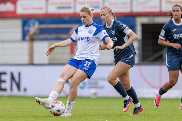 v.li.: Lotte Masseling (SV Meppen, 11) und Milena Fischer (SC Sand, 6) im Zweikampf, Duell, Dynamik, Aktion, Action, Spielszene, DIE DFB-RICHTLINIEN UNTERSAGEN JEGLICHE NUTZUNG VON FOTOS ALS SEQUENZBILDER UND ODER VIDEOÄHNLICHE FOTOSTRECKEN. DFB REGULATIONS PROHIBIT ANY USE OF PHOTOGRAPHS AS IMAGE SEQUENCES AND OR QUASI-VIDEO., 20.09.2026, Meppen (Deutschland), Fussball, 2. Frauen-Bundesliga, SV Meppen - SC Sand