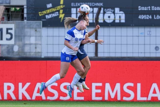 v.li.: Lana Hubbeling (SV Meppen, 18) und Pija Reininger (SC Sand, 9) im Kopfballduell, Kopfball, Zweikampf, Action, Aktion, Spielszene, DIE DFB-RICHTLINIEN UNTERSAGEN JEGLICHE NUTZUNG VON FOTOS ALS SEQUENZBILDER UND ODER VIDEOÄHNLICHE FOTOSTRECKEN. DFB REGULATIONS PROHIBIT ANY USE OF PHOTOGRAPHS AS IMAGE SEQUENCES AND OR QUASI-VIDEO., 20.09.2026, Meppen (Deutschland), Fussball, 2. Frauen-Bundesliga, SV Meppen - SC Sand