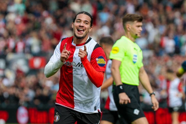 2026-09-20 Feyenoord v FC Utrecht - Dutch Eredivisie ROTTERDAM, NETHERLANDS - SEPTEMBER 20: Anis Hadj Moussa of Feyenoord celebrates after scoring the third goal of the team during the Dutch Eredivisie match between Feyenoord and FC Utrecht at Stadion Feijenoord on September 20, 2026 in Rotterdam, Netherlands. Rotterdam Stadion Feijenoord Netherlands Content not available for redistribution in The Netherlands directly or indirectly through any third parties. Copyright: xHansxvanxderxValkx