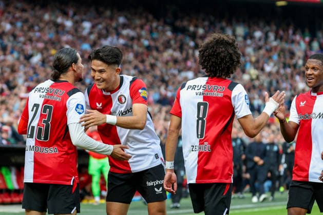 2026-09-20 Feyenoord v FC Utrecht - Dutch Eredivisie ROTTERDAM, NETHERLANDS - SEPTEMBER 20: Anis Hadj Moussa of Feyenoord, Tsuyoshi Watanabe of Feyenoord celebrates after scoring the third goal of the team during the Dutch Eredivisie match between Feyenoord and FC Utrecht at Stadion Feijenoord on September 20, 2026 in Rotterdam, Netherlands. Rotterdam Stadion Feijenoord Netherlands Content not available for redistribution in The Netherlands directly or indirectly through any third parties. Copyright: xHansxvanxderxValkx