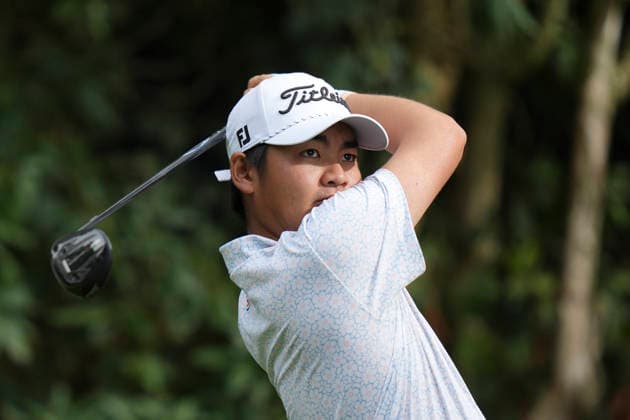 VIRGINIA WATER, ENGLAND - SEPTEMBER 20: Kazuma Kobori (NZL) plays from the seventh tee during Round 4 at the BMW PGA, Golf Herren Championship at Wentworth Golf Club, Virginia Water on September 20, 2026 in Surrey, England The BMW PGA Championship