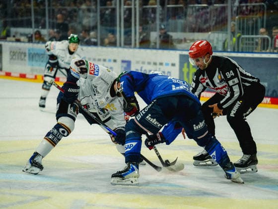 20.09.2026, xwppx, Eishockey Penny DEL, Adler Mannheim - Eisbären Berlin v.l. Bully mit Liam Kirk (Eisbären Berlin)