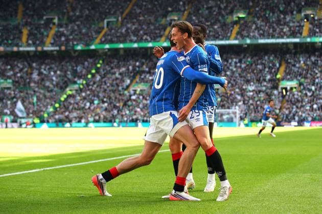 Ryan Naderi of Rangers celebrates his goal with Djeidi Gassama and James Penrice during the William Hill Scottish Premiership match at Parkhead, Glasgow. Celtic v Rangers - William Hill Scottish Premiership - Parkhead, Glasgow, Lanarkshire, Scotland, UK - 20 Sep 2026Glasgow Parkhead Lanarkshire United Kingdom  Copyright: xO Rourke RangersxFC Shutterstockx 17159973cl