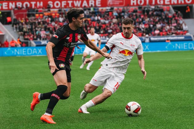 20.09.2026, xjmrgnx, Fussball 1.Bundesliga, Bayer 04 Leverkusen - RB Leipzig v.l. Zweikampf zwischen Miguel Gutierrez (3, Leverkusen) und Brajan Gruda (10, Leipzig) (DFL DFB REGULATIONS PROHIBIT ANY USE OF PHOTOGRAPHS as IMAGE SEQUENCES and or QUASI-VIDEO) Leverkusen