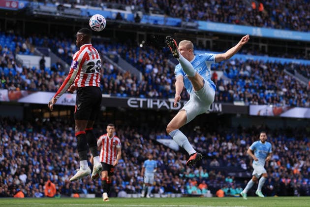 Manchester City v Sunderland 20th September 2026 - Premier League - Manchester City v Sunderland - Erling Haaland of Manchester City leaps to shoot - Photo: Simon Stacpoole Offside. Manchester UK Copyright: xSimonxStacpoolexOffside
